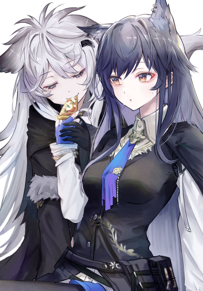 2girls, absurdres, animal_ear_fluff, animal_ears, arknights, black_coat, black_gloves, black_hair