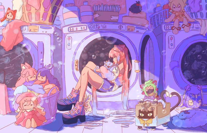 1girl, absurdres, alternate_costume, animalization, black_cat, blue_shorts, bow-shaped_hair, bubble, cat, character_doll, doll, eia_(happychichu), ganyu_(genshin_impact), ganyu_(qilin)_(genshin_impact), genshin_impact, highres, jellyfish, keqing_(genshin_impact), kirara_(cat)_(genshin_impact), kirara_(genshin_impact), kuki_shinobu, laundry, long_hair, multicolored_hair, pink_hair, pink_shoes, ponytail, purple_eyes, purple_hair, raiden_shogun, sangonomiya_kokomi, scaramouche_(cat)_(genshin_impact), scaramouche_(genshin_impact), shirt, shoes, shorts, solo, washing_machine, white_shirt, yae_miko, yanfei_(genshin_impact), yoimiya_(genshin_impact)