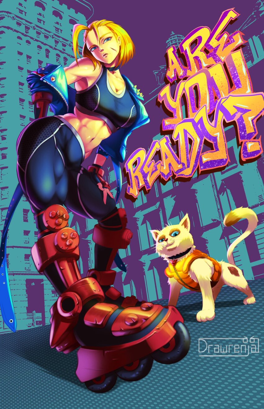 1girl, animal_ears, bare_shoulders, blonde_hair, building, cammy_white, cat, cat_ears, cat_tail, city, crop_top, drawrenja, highres, pants, short_hair, street_fighter, street_fighter_6, tail