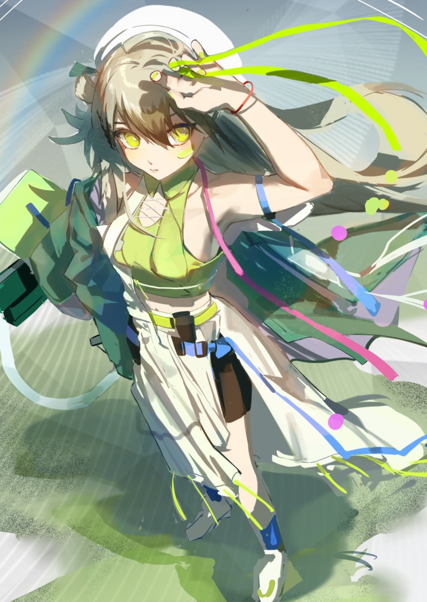 1girl, arknights, arm_strap, bare_shoulders, beret, commentary_request, fartooth_(arknights), fartooth_(hear_the_wind_sing)_(arknights)