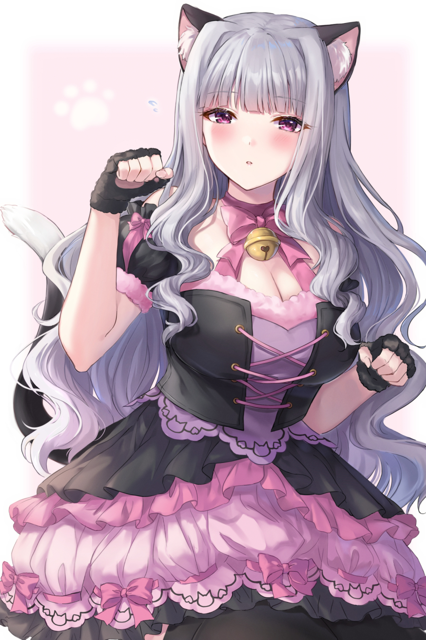 1girl, animal_ears, bare_shoulders, bell, black_gloves, blush, bow, bowtie