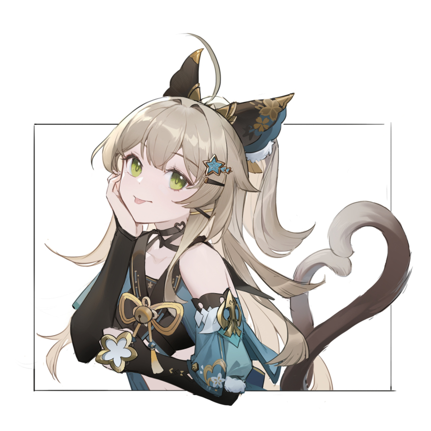 1girl, :p, ahoge, animal_ears, bare_shoulders, black_choker, brown_hair, cat_ears, cat_girl, cat_tail, choker, closed_mouth, collarbone, detached_sleeves, fur-trimmed_sleeves, fur_trim, genshin_impact, green_eyes, hair_ornament, hairclip, hand_on_own_cheek, hand_on_own_face, highres, kirara_(genshin_impact), long_hair, long_sleeves, looking_at_viewer, multiple_tails, one_side_up, smile, solo, tail, tongue, tongue_out, two_tails, upper_body, vsmile, white_background