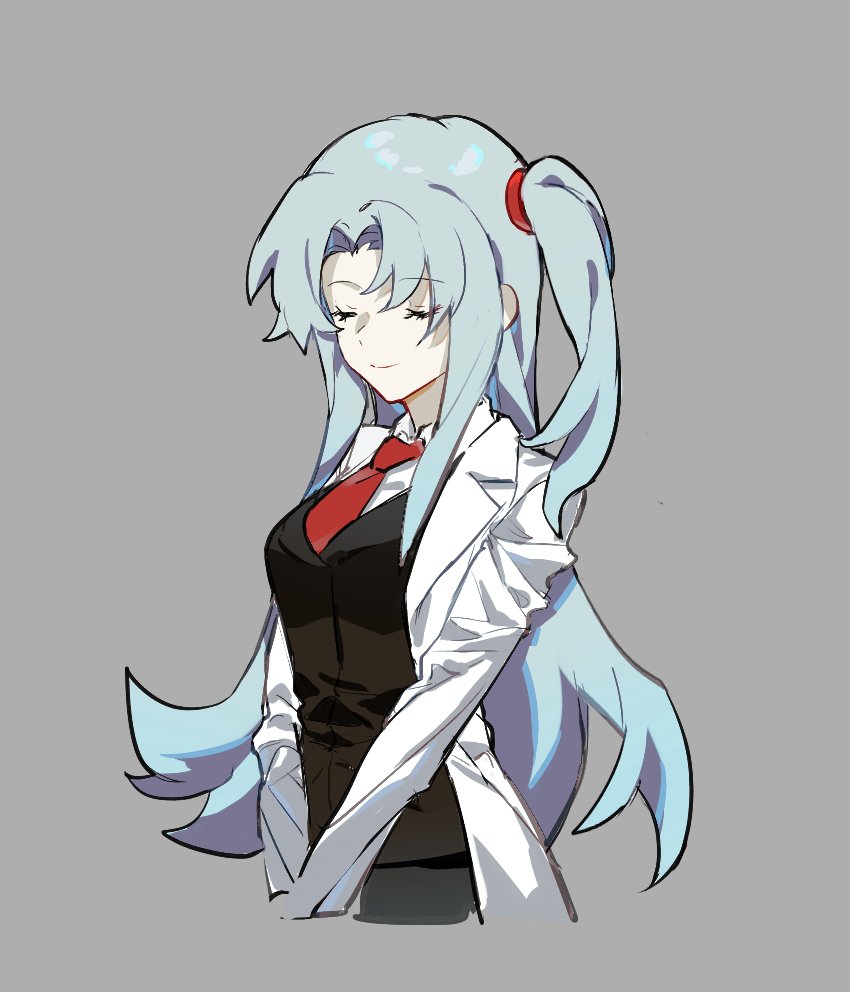 1girl, angela_(project_moon), black_vest, blue_hair, closed_eyes, closed_mouth, coat, collared_shirt
