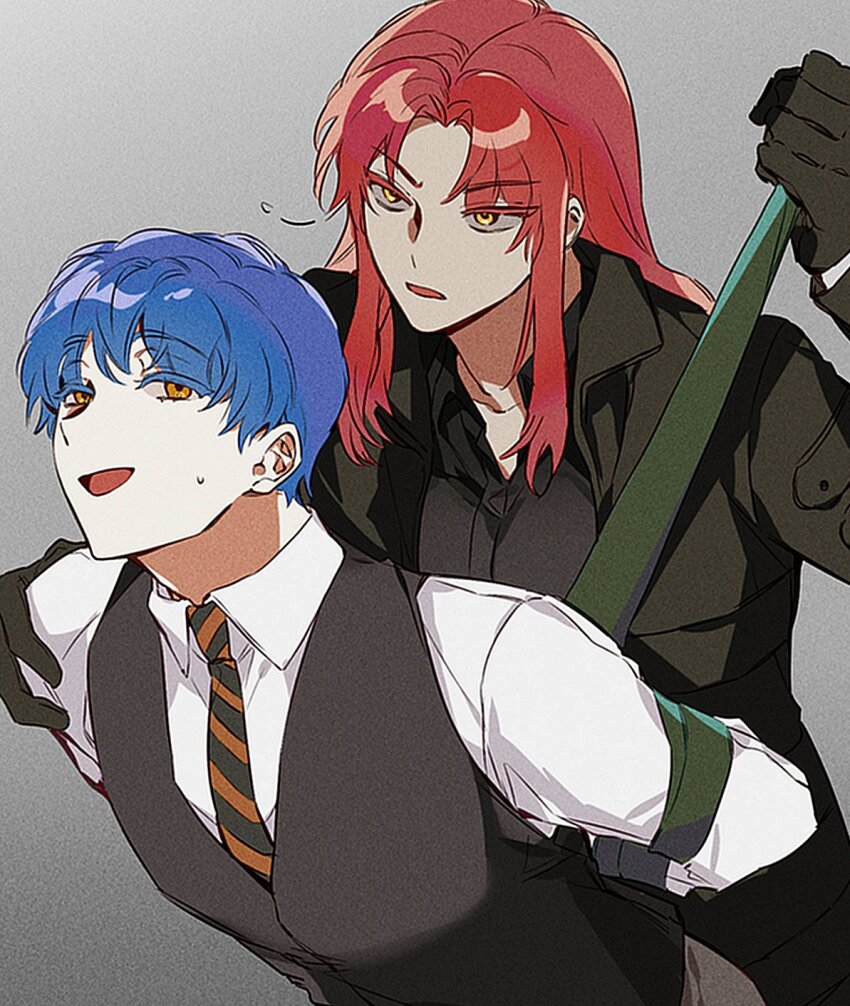 1boy, 1girl, black_coat, black_shirt, black_vest, blue_hair, bound, bound_arms