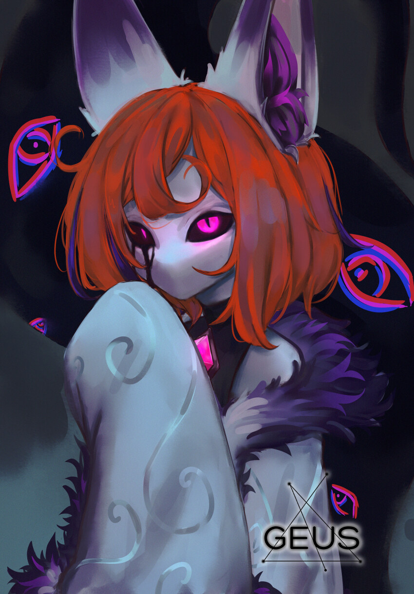 1girl, absurdres, animal_ear_fluff, black_sclera, colored_sclera, fur-trimmed_jacket, fur_trim, geus_(just_geus)