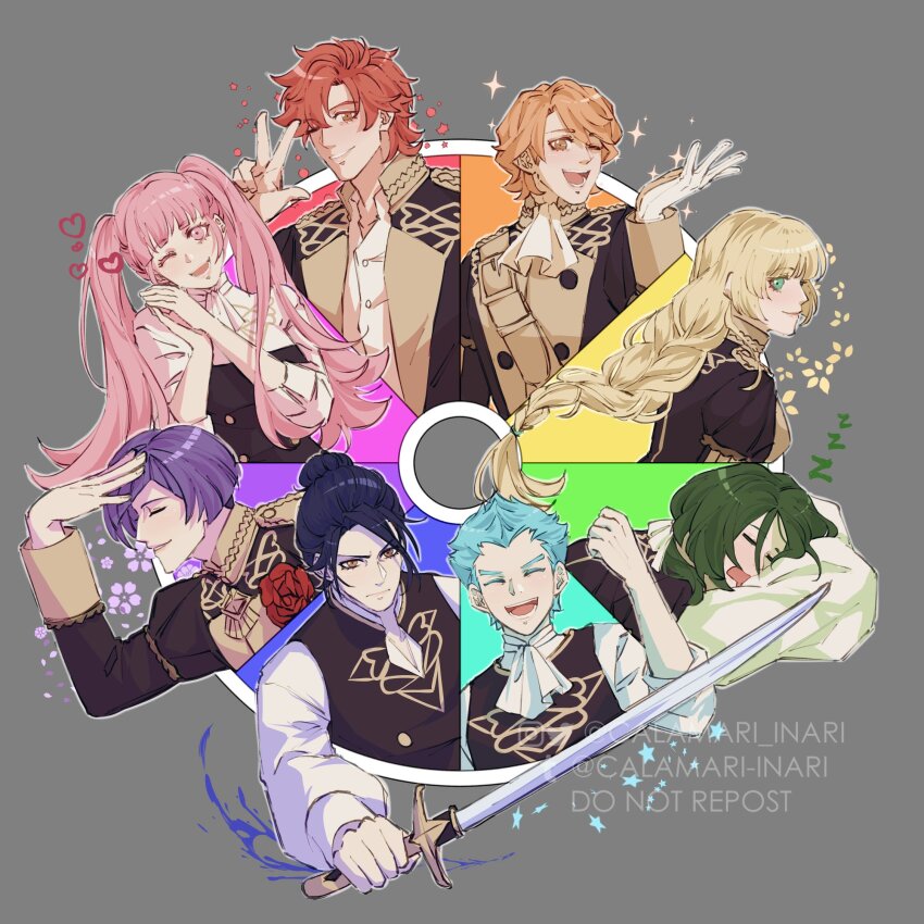 2girls, 6+boys, ;d, ^_^, aimaru, ascot, black_jacket, blonde_hair, blue_hair, caspar_von_bergliez, clenched_hand, closed_eyes, color_wheel_challenge, commentary, facing_viewer, felix_hugo_fraldarius, ferdinand_von_aegir, fire_emblem, fire_emblem:_three_houses, flower, garreg_mach_monastery_uniform, gloves, green_eyes, green_hair, grey_background, grin, hand_up, hands_up, heart, highres, hilda_valentine_goneril, holding, holding_sword, holding_weapon, ingrid_brandl_galatea, jacket, linhardt_von_hevring, long_hair, looking_at_viewer, lorenz_hellman_gloucester, matching_hair/eyes, multiple_boys, multiple_drawing_challenge, multiple_girls, nintendo, one_eye_closed, open_mouth, orange_hair, own_hands_together, pink_eyes, pink_hair, purple_hair, rainbow_order, red_flower, red_rose, rose, shirt, short_hair, simple_background, sleeping, smile, sparkle, sword, sylvain_jose_gautier, twintails, very_long_hair, w, weapon, white_ascot, white_gloves, white_shirt, wink, zzz