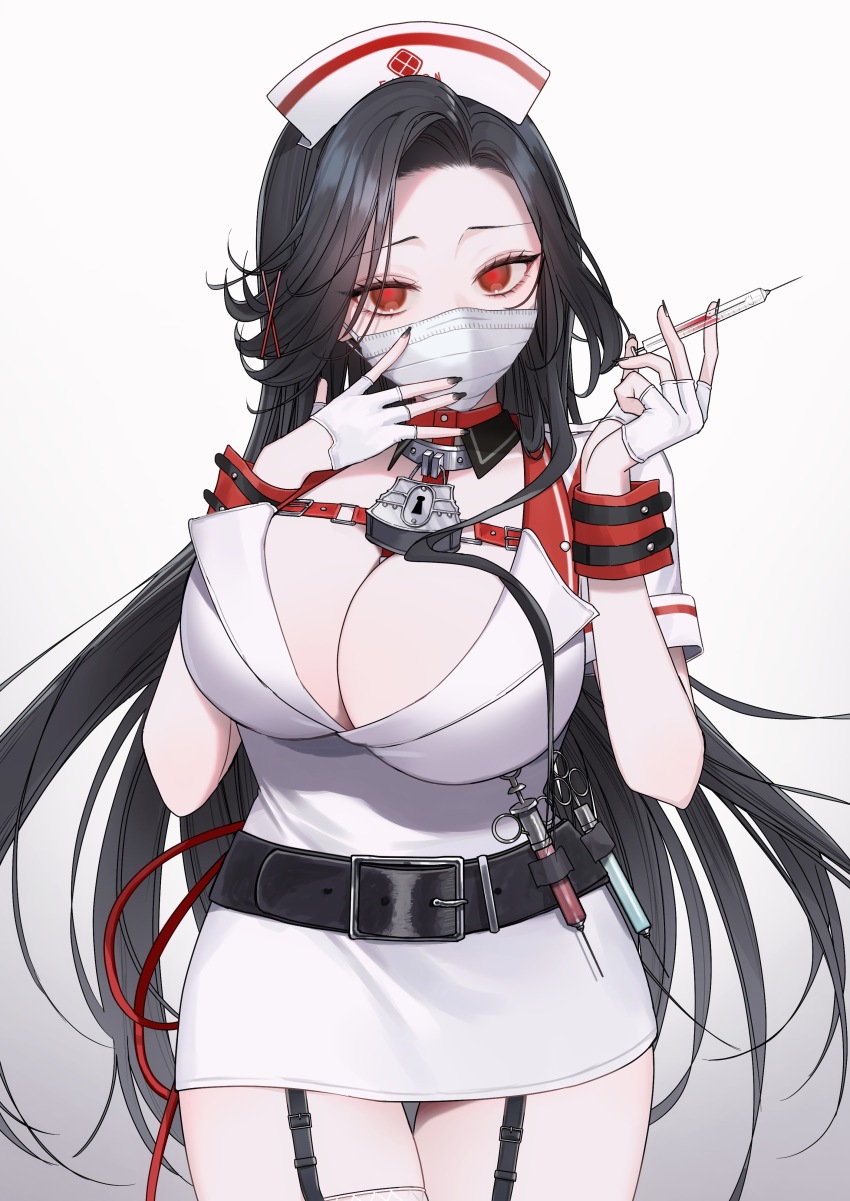 1girl, absurdres, belt, black_belt, black_hair, blush, breasts, fingerless_gloves