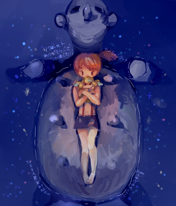 1girl, asymmetrical_hair, bare_shoulders, blue_shorts, denim, denim_shorts, female_focus, gen_1_pokemon, gen_3_pokemon, hair_tie, itatoko, jirachi, lapras, legendary_pokemon, looking_to_the_side, misty_(pokemon), mythical_pokemon, nintendo, open_mouth, orange_hair, pokemon, pokemon_(anime), pokemon_(classic_anime), ponytail, shirt, short_hair, short_shorts, shorts, side_ponytail, suspenders, tank_top, water, yellow_shirt, yellow_tank_top