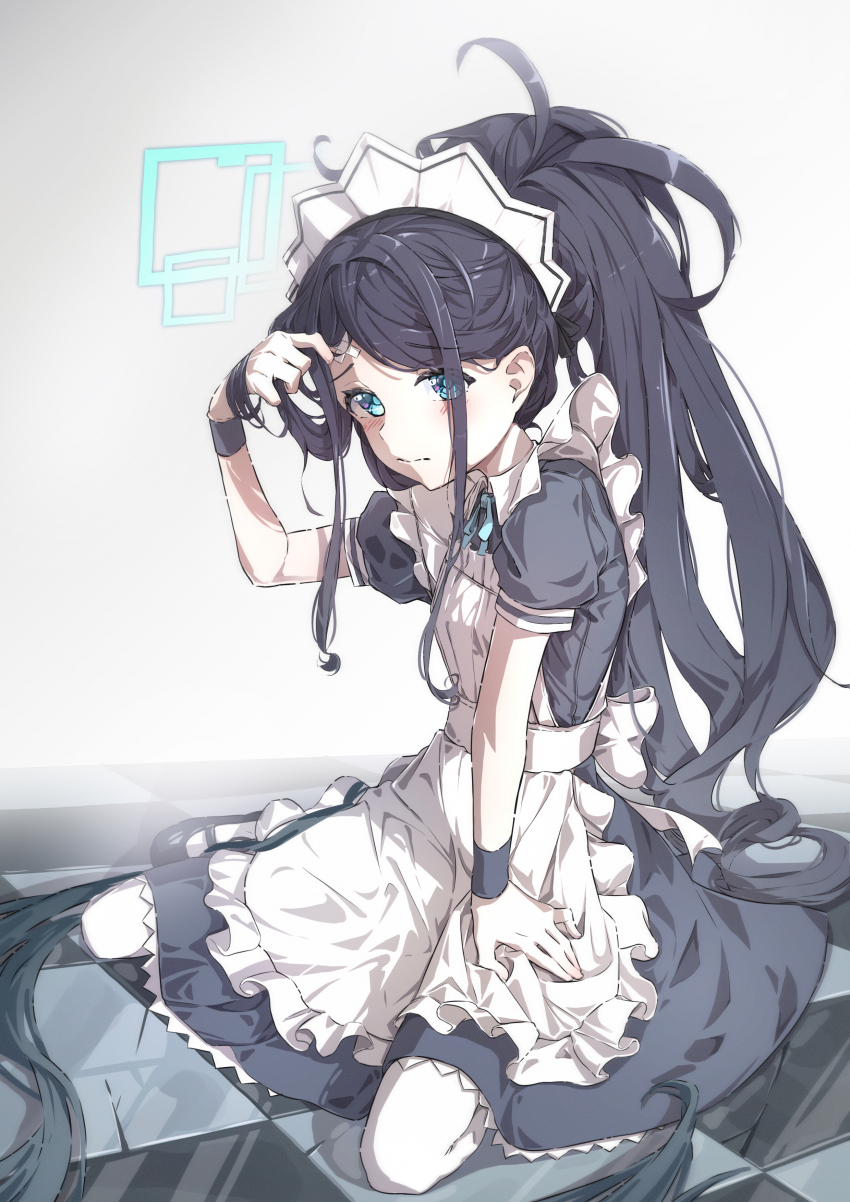 1girl, absurdres, alternate_costume, apron, aris_(blue_archive), aris_(maid)_(blue_archive), bandaid, bandaid_on_face
