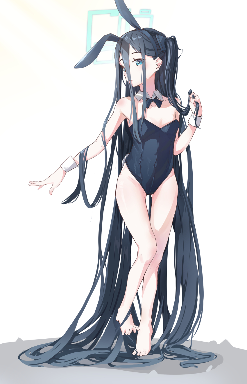 1girl, absurdly_long_hair, absurdres, alternate_costume, animal_ears, aris_(blue_archive), bare_legs, barefoot, black_bow, black_bowtie, black_leotard, blue_archive, blue_eyes, bow, bowtie, collarbone, detached_collar, fake_animal_ears, fake_tail, feet, flat_chest, full_body, halo, highres, leotard, long_hair, looking_at_viewer, naretsuro, one_side_up, parted_lips, playboy_bunny, profile, rabbit_ears, rabbit_tail, spread_toes, standing, tail, thigh_gap, thighs, toes, very_long_hair, wrist_cuffs