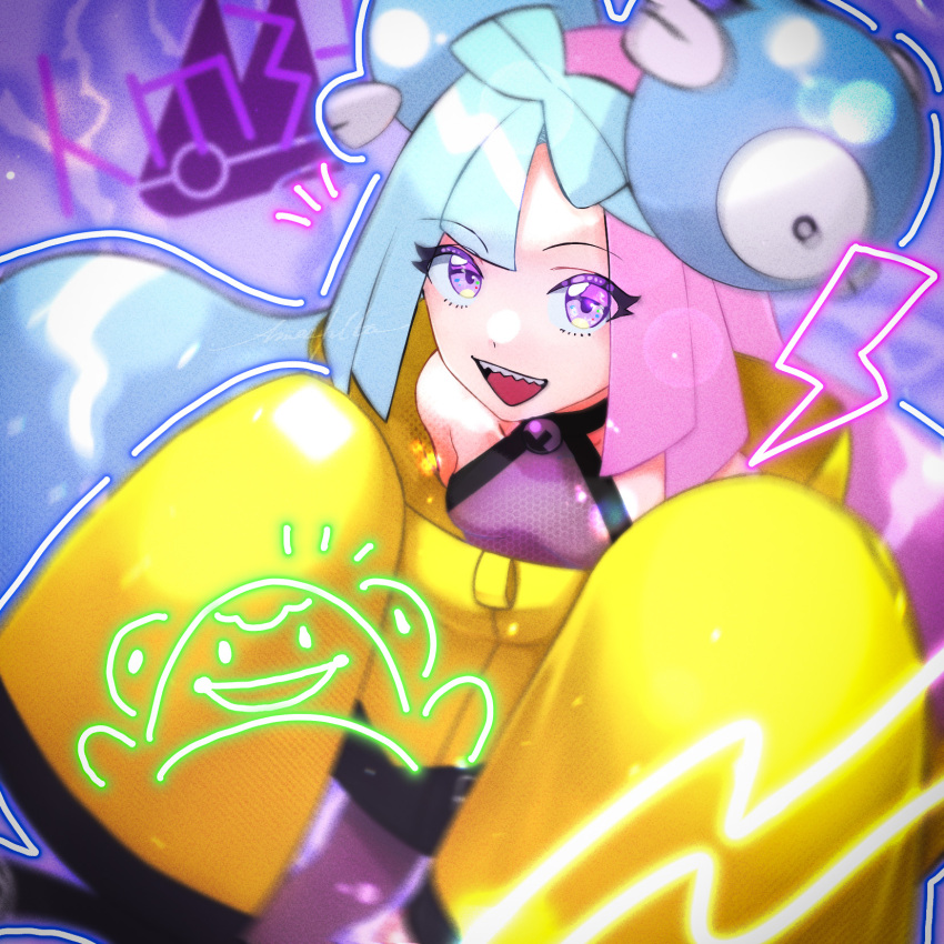 1girl, :d, bellibolt, blurry, breasts, character_hair_ornament, commentary_request, green_hair, hair_ornament, hands_up, happy, highres, iono_(pokemon), jacket, long_sleeves, multicolored_hair, nintendo, notice_lines, open_mouth, pantyhose, pink_hair, pokemon, pokemon_scarlet_and_violet, purple_eyes, shirt, sleeveless, sleeveless_shirt, sleeves_past_fingers, sleeves_past_wrists, small_breasts, smile, solo, teeth, tongue, two-tone_hair, uka_(ameshita11), upper_teeth_only, yellow_jacket