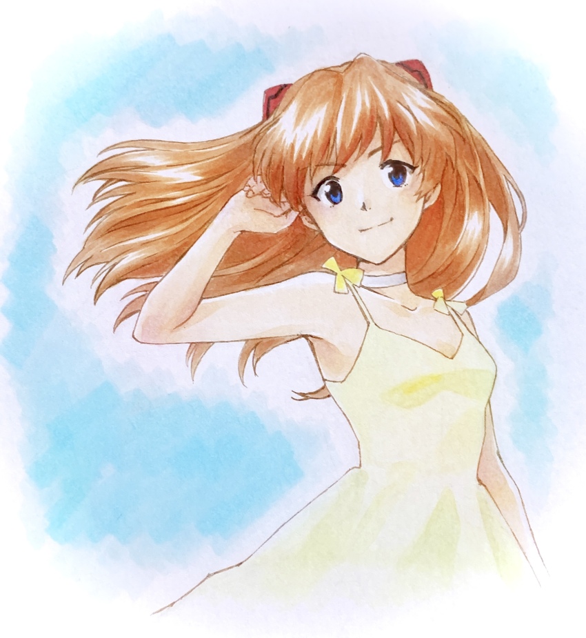 1girl, blue_eyes, breasts, choker, dress, highres, interface_headset_(evangelion), long_hair, looking_at_viewer, marker_(medium), medium_breasts, neon_genesis_evangelion, orange_hair, small_breasts, solo, souryuu_asuka_langley, standing, sundress, traditional_media, two_side_up, ultrajony