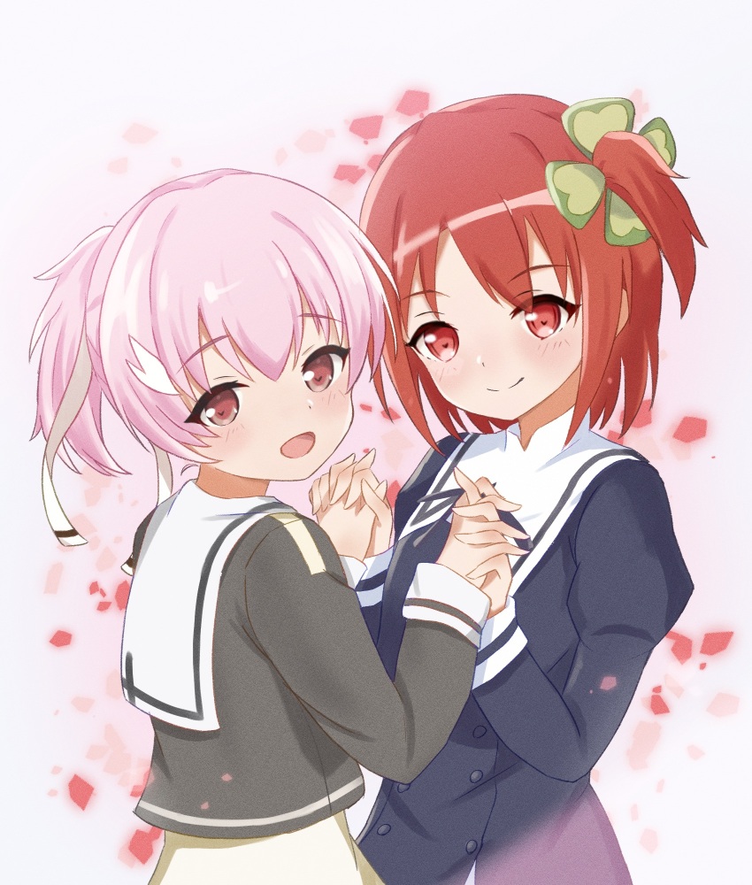 1717inamin, 2girls, alternate_hairstyle, assault_lily, black_ribbon, black_skirt, blush, brown_eyes