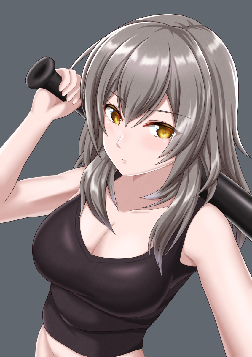1girl, bare_arms, bare_shoulders, baseball_bat, black_tank_top, breasts, cleavage, commentary_request, grey_background, grey_hair, groin, hair_between_eyes, hand_up, highres, holding, holding_baseball_bat, honkai:_star_rail, honkai_(series), large_breasts, long_hair, looking_at_viewer, midori_mushi, out-of-frame_censoring, simple_background, solo, stelle_(honkai:_star_rail), tank_top, trailblazer_(honkai:_star_rail), upper_body, yellow_eyes