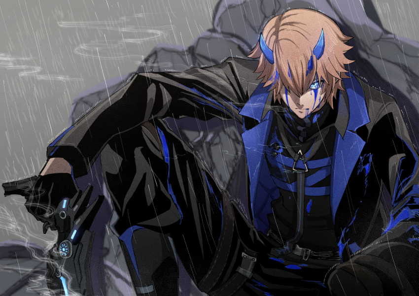 1boy, black_gloves, black_jacket, black_pants, blood, blood_from_mouth, blood_in_hair, bloody_tears