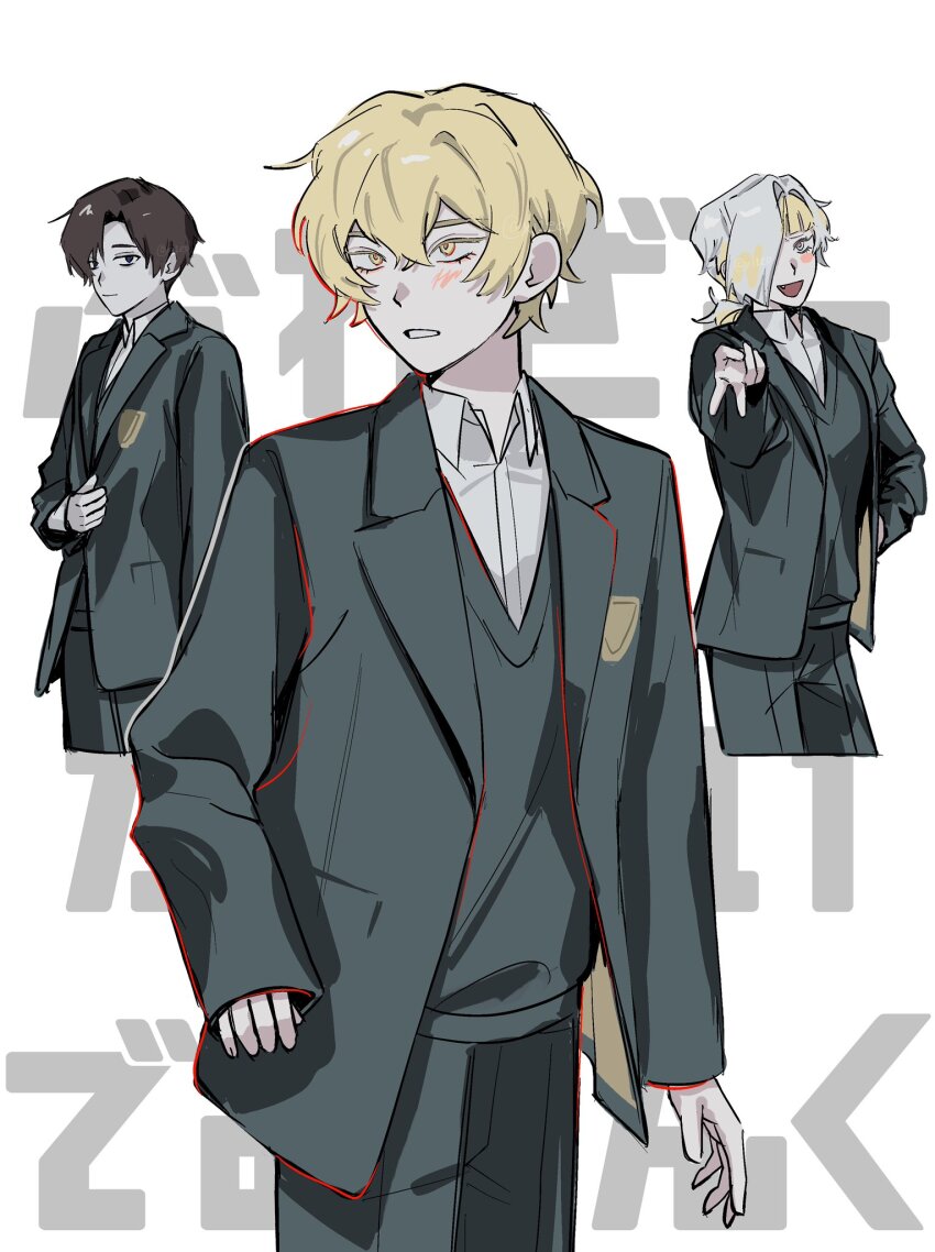 1girl, 2boys, aqua_jacket, aqua_pants, aqua_vest, blonde_hair, blue_eyes, brown_hair