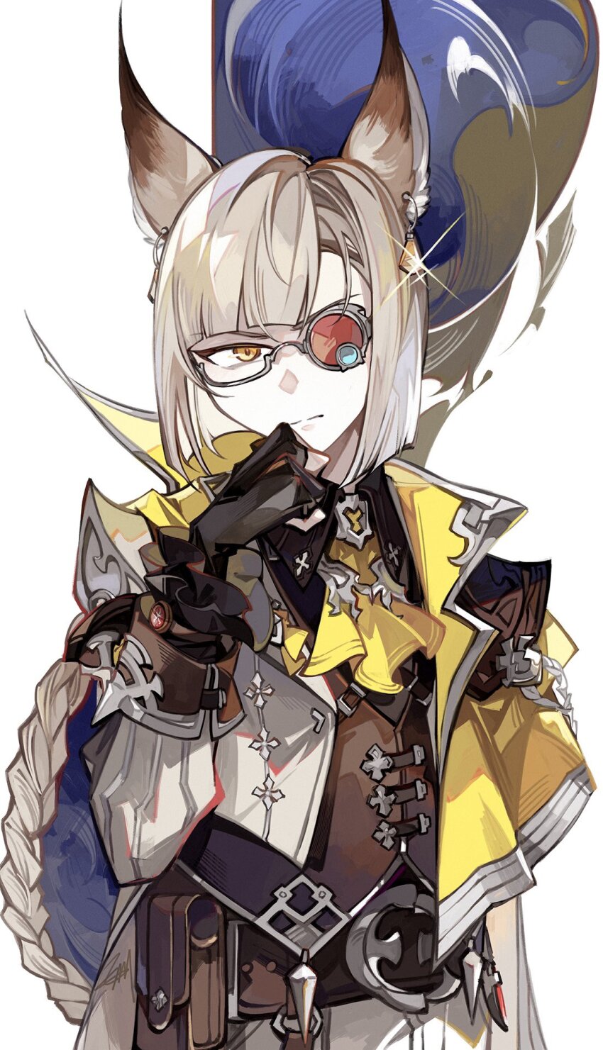 1boy, animal_ears, ascot, asymmetrical_eyewear, belt, belt_buckle, belt_pouch, black_gloves