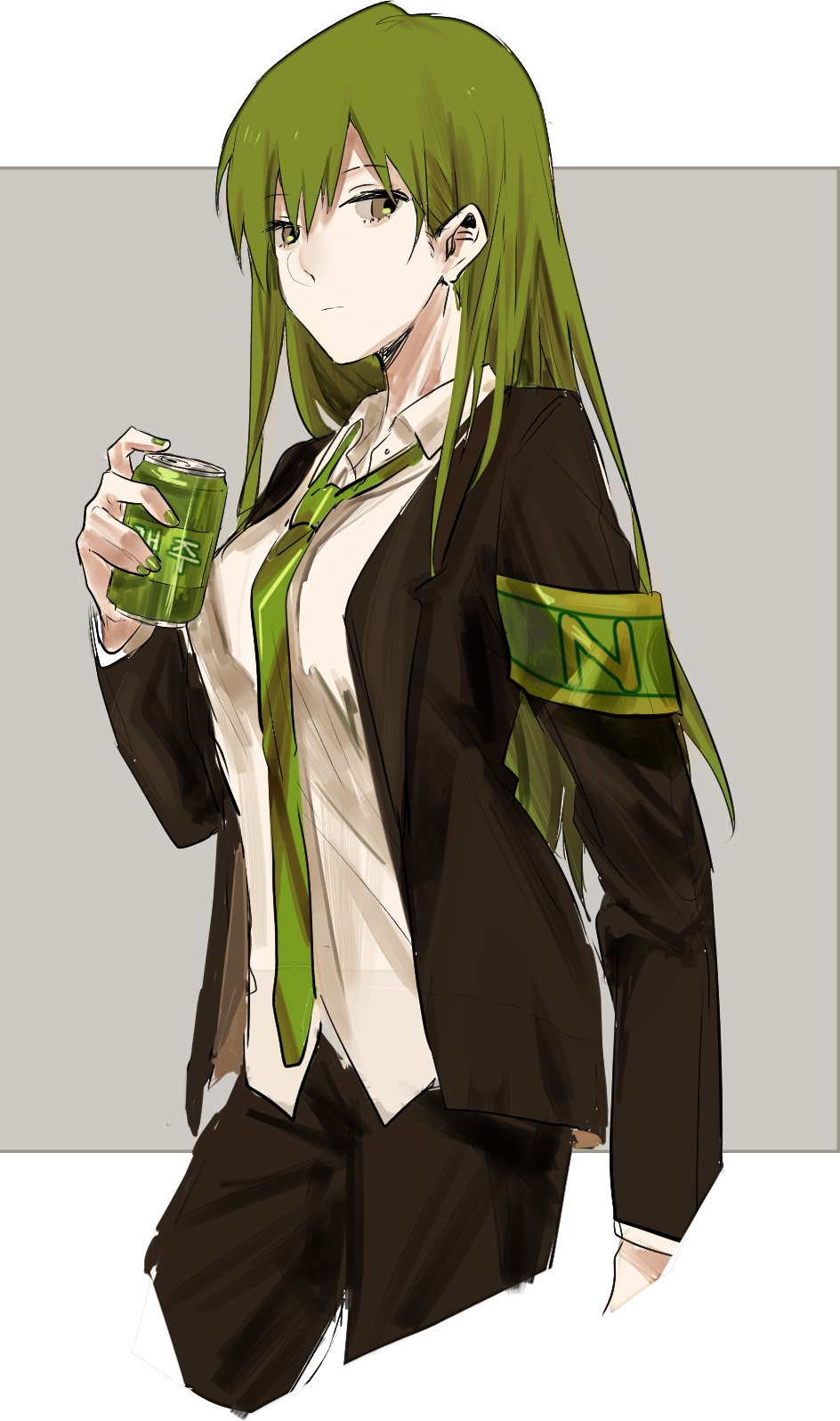 1girl, armband, black_jacket, black_pants, brown_eyes, can, cropped_legs, genderswap, genderswap_(mtf), green_armband, green_hair, green_necktie, highres, holding, holding_can, jacket, kitakawayui, lobotomy_corporation, long_hair, looking_at_viewer, necktie, netzach_(project_moon), pants, project_moon, shirt, solo, very_long_hair, white_shirt