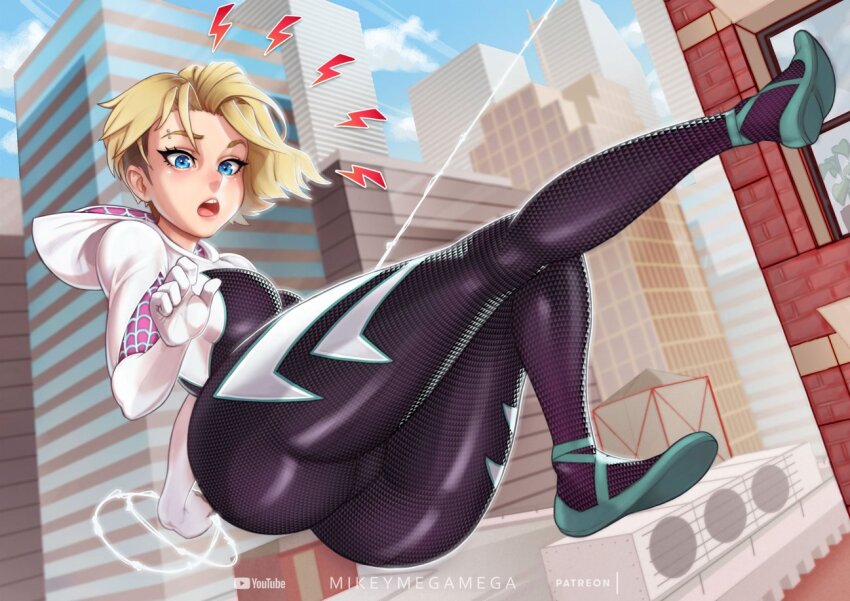 1girl, aqua_shoes, ass, ballet_slippers, blonde_hair, blue_eyes, blue_sky, bodysuit, breasts, city, eyebrow_piercing, face_piercing, full_body, gwen_stacy, hood, hood_down, hooded_bodysuit, huge_ass, looking_at_viewer, marvel, medium_breasts, mikeymegamega, open_mouth, piercing, shoes, short_hair, skin_tight, sky, spider-gwen, spider-man:_across_the_spider-verse, spider-man:_into_the_spider-verse, spider-man_(series), spider-verse, spider_web_print, superhero_costume, wide_hips