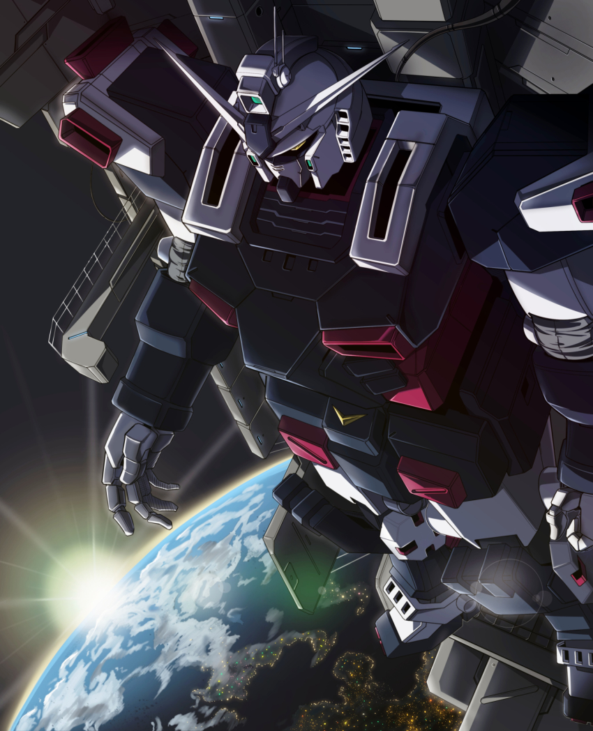 arms_at_sides, cable, clenched_hand, earth_(planet), full_armor_gundam, gundam, gundam_thunderbolt, highres