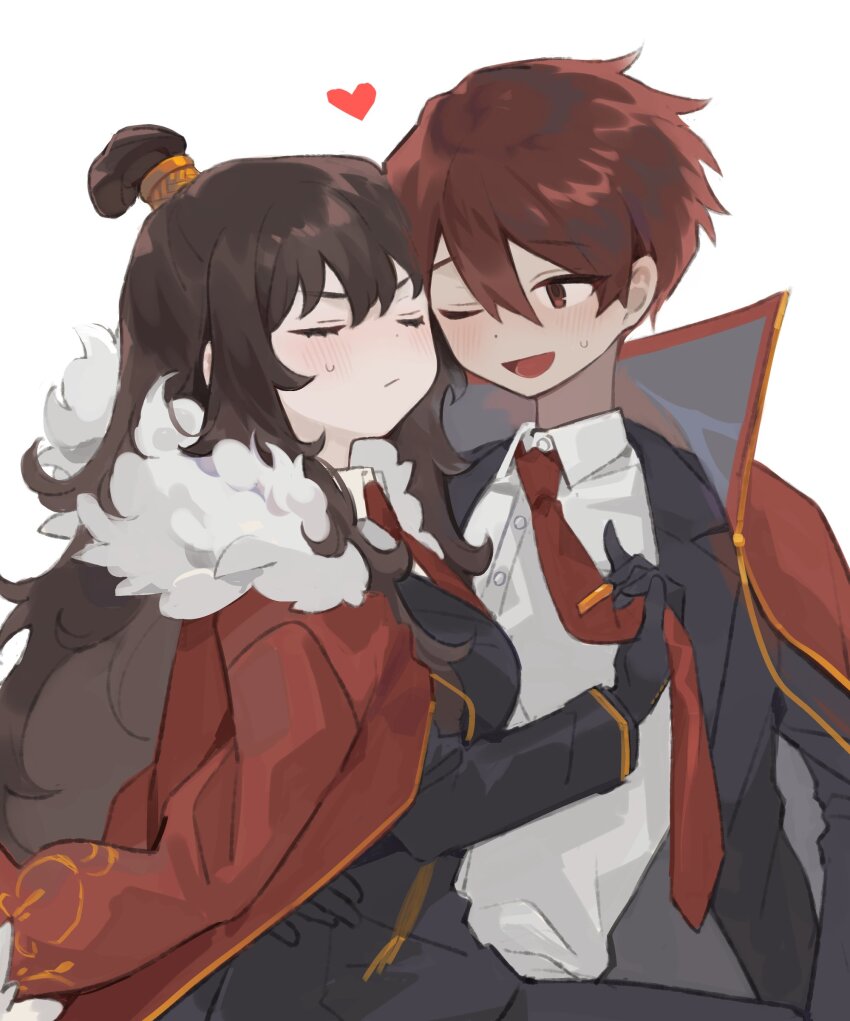 1boy, 1girl, absurdres, black_jacket, blush, brown_hair, cape, closed_eyes