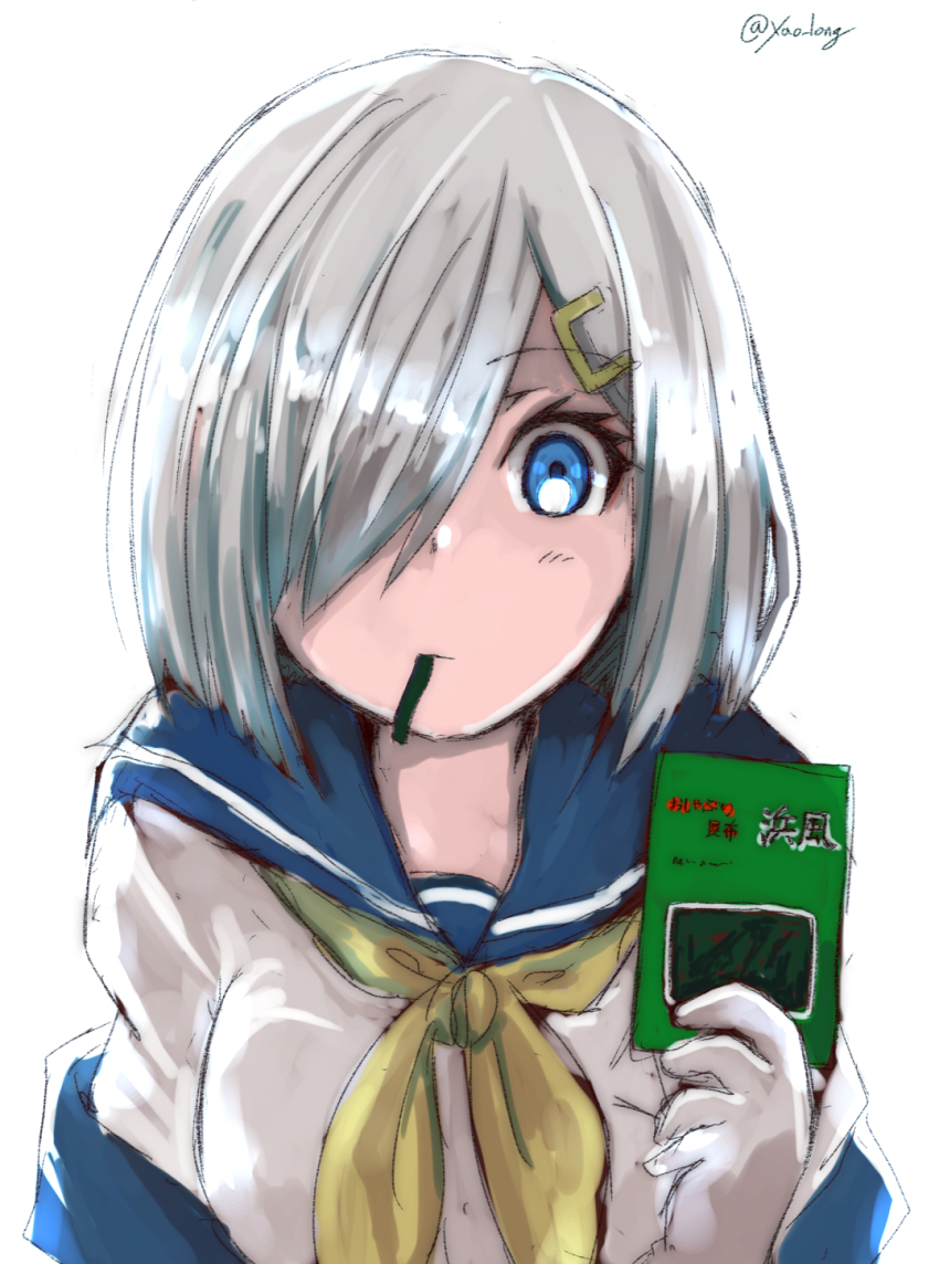 1girl, blue_eyes, blue_sailor_collar, chicken99, grey_hair, hair_ornament, hair_over_one_eye, hairclip