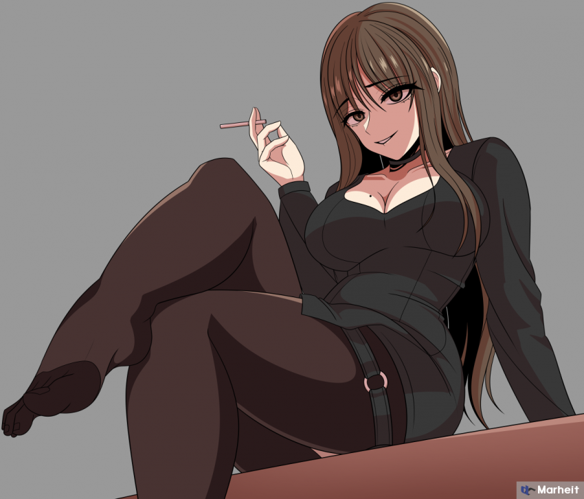 1girl, artist_name, beautiful_gunbari, black_shirt, breasts, brown_eyes, brown_hair, brown_pantyhose