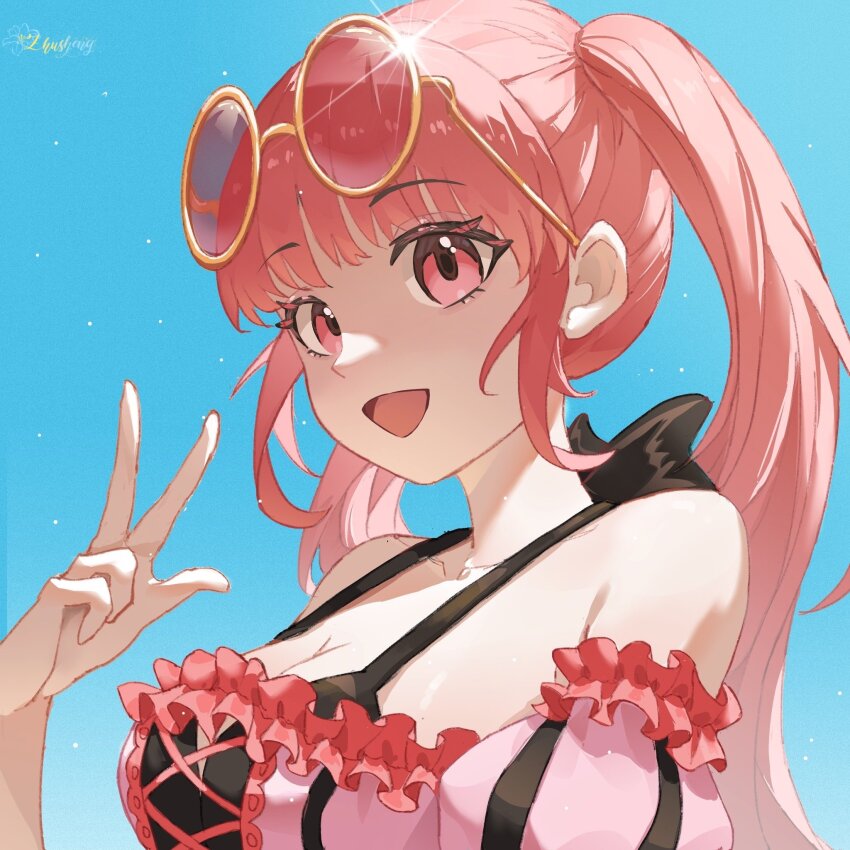 1girl, bikini, breasts, cleavage, eyewear_on_head, fire_emblem, fire_emblem:_three_houses, fire_emblem_heroes, highres, hilda_valentine_goneril, hilda_valentine_goneril_(summer), large_breasts, long_hair, looking_at_viewer, nintendo, official_alternate_costume, open_mouth, outdoors, pink_bikini, pink_eyes, pink_hair, sky, sunglasses, swimsuit, twintails, tzzis