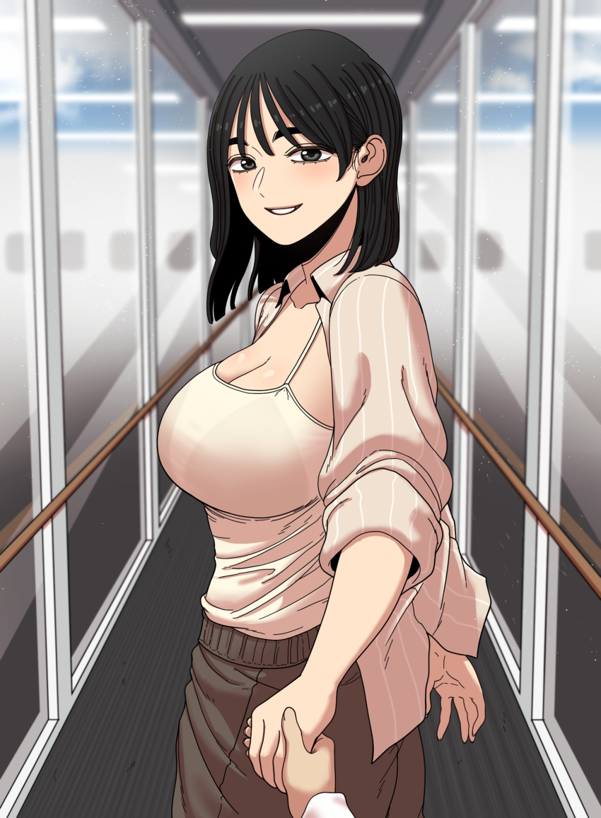 1girl, absurdres, beautiful_gunbari, black_eyes, black_hair, breasts, cleavage, gwanak