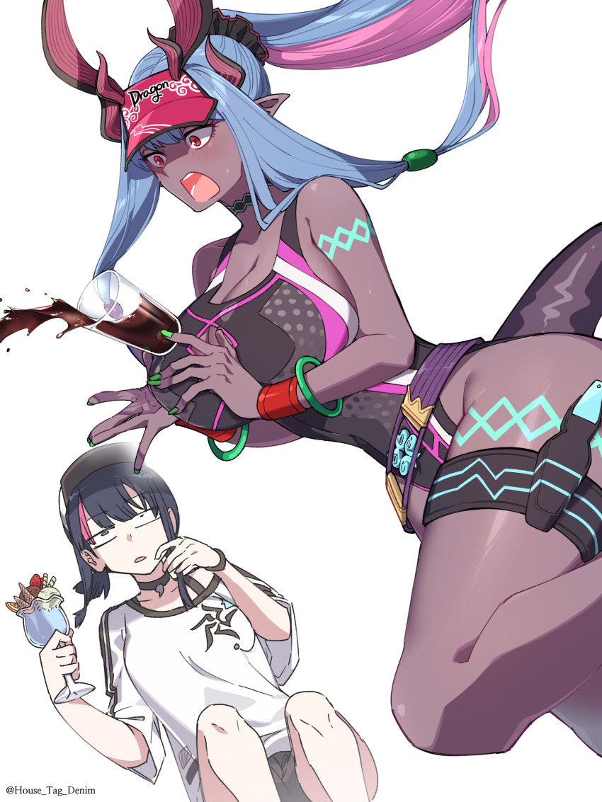 2girls, absurdres, bare_shoulders, baseball_cap, black_hair, black_one-piece_swimsuit, black_shorts, blue_eyes