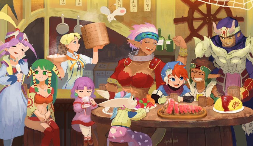 2boys, 6+girls, absurdres, akumesik, blue_eyes, breasts, closed_mouth, dark-skinned_female