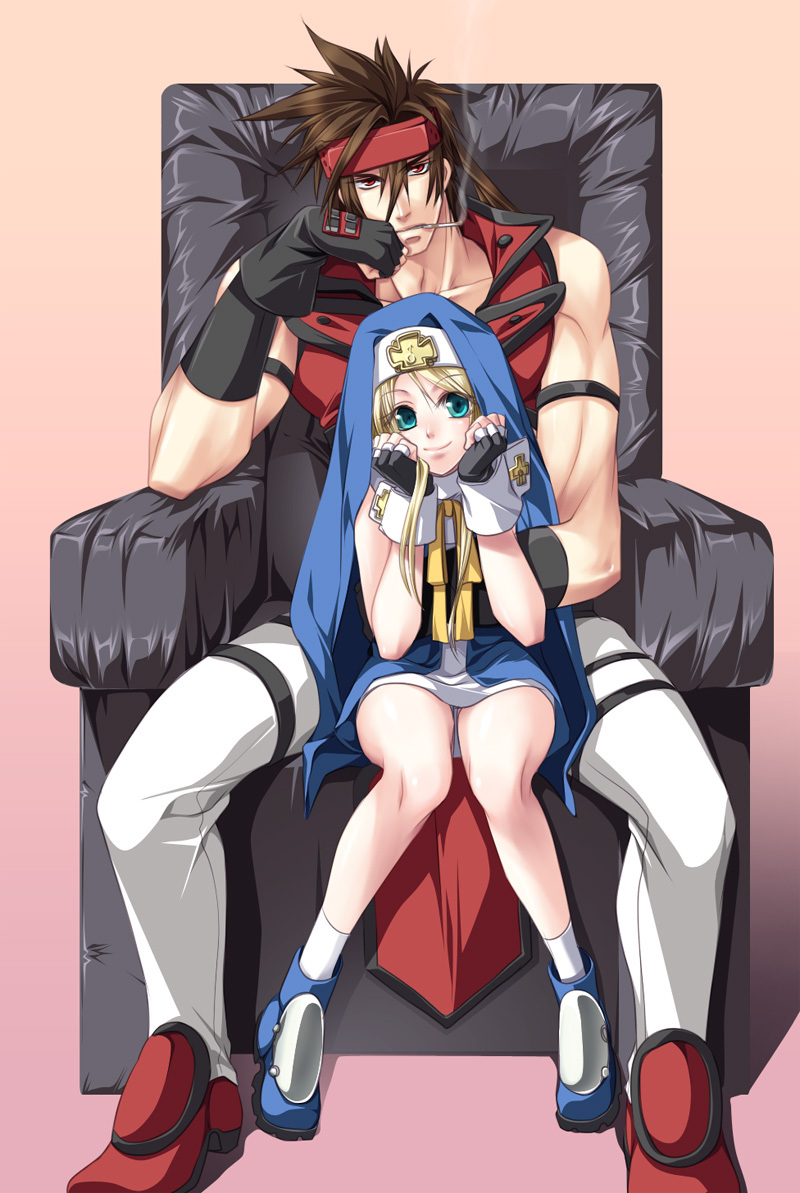 2boys, arc_system_works, bad_id, bad_pixiv_id, blonde_hair, blue_eyes, bridget_(guilty_gear), brown_hair, cigarette, couch, guilty_gear, guilty_gear_x, guilty_gear_xx, killingrock, legs, multiple_boys, nun_headdress, sitting, smoking, sol_badguy, trap