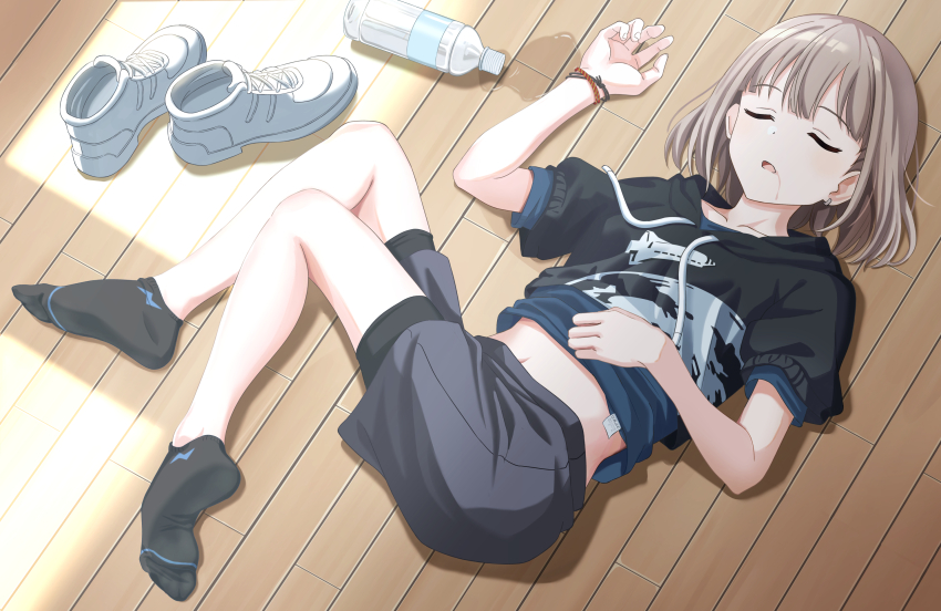 1girl, bob_cut, bottle, brown_hair, can, closed_eyes, collarbone, dot_nose