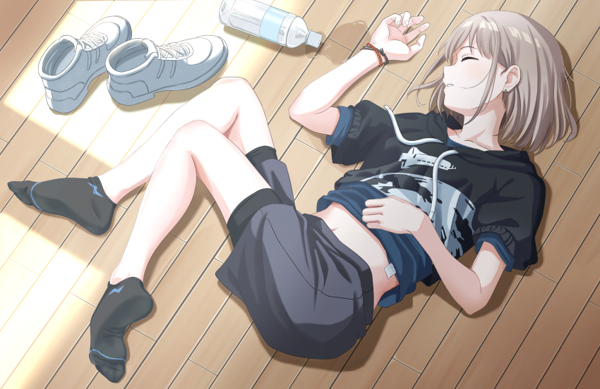 1girl, bob_cut, bottle, brown_hair, can, closed_eyes, collarbone, earrings, feet, female_focus, fingernails, floor, full_body, highres, hood, hoodie, idolmaster, idolmaster_shiny_colors, jewelry, legs, light_brown_hair, lying, midriff, midriff_peek, namego3go, navel, no_shoes, on_back, on_floor, on_side, parted_lips, profile, serizawa_asahi, shirt, shirt_under_sweater, shoes, unworn_shoes, short_hair, shorts, single_earring, sleeping, sneakers, soles, solo, t-shirt, toes, water_bottle, wooden_floor