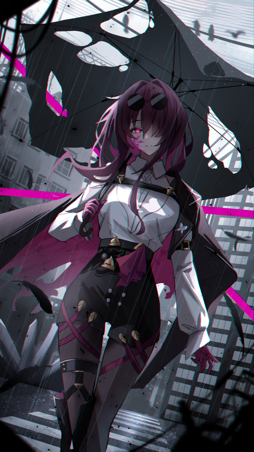 1girl, absurdres, black_cape, black_pantyhose, black_shorts, black_umbrella, blood, blood_on_face