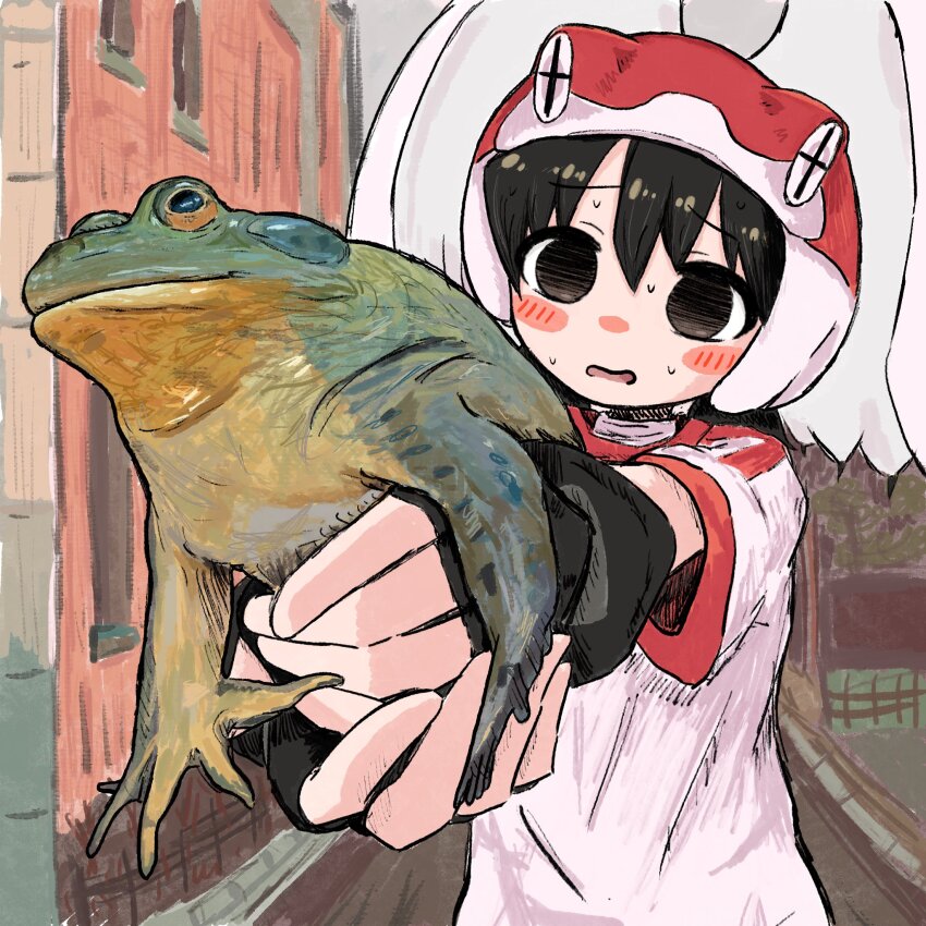 1girl, alien, alien_nine, animal, black_hair, blush, borg_(alien_nine), brown_eyes, bubbacterial, fingerless_gloves, frog, gloves, highres, holding, holding_animal, ootani_yuri, open_mouth, perspective, sweat, wings