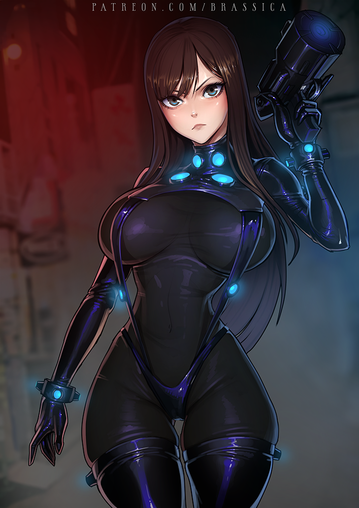 1girl, black_bodysuit, blue_eyes, blurry, blurry_background, bodysuit, bracelet, brassica