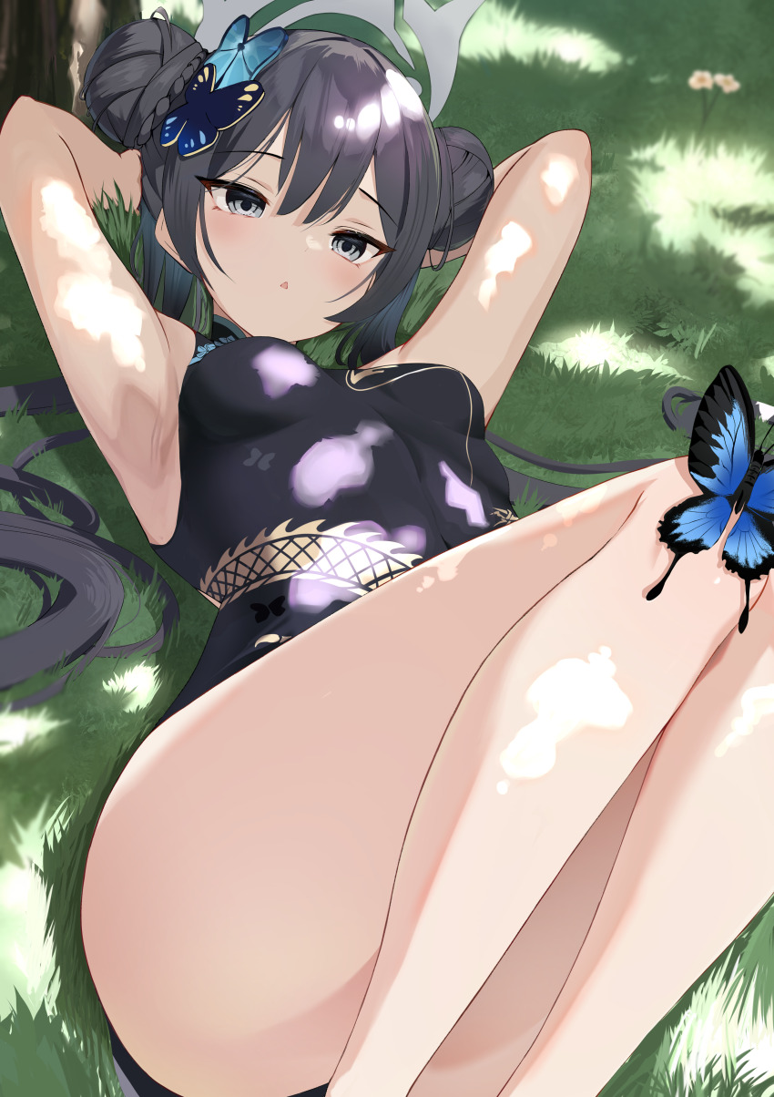 1girl, absurdres, armpits, arms_up, bare_arms, black_dress, black_hair, blue_archive