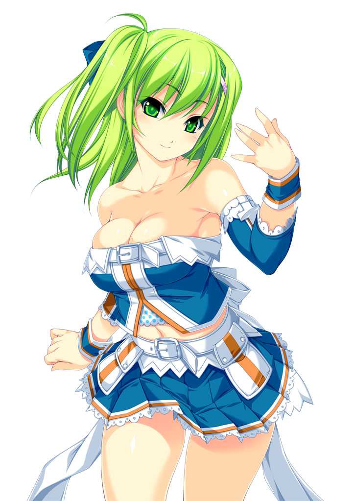 1girl, bare_shoulders, beatmania_iidx, beatmania_iidx_14_gold, belt, bemani, blush, bow, breasts, cleavage, collarbone, detached_sleeves, female_focus, green_eyes, green_hair, hair_bow, hair_ornament, hairclip, kinoshita_ichi, kitami_erika, long_hair, looking_at_viewer, matching_hair/eyes, midriff, navel, pleated_skirt, simple_background, skirt, smile, solo, standing, thighs, white_background, wrist_cuffs