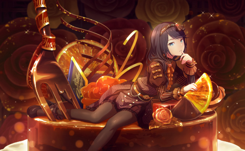1girl, blue_eyes, blue_hair, bow, brown_bow, brown_dress, brown_hairband, brown_pantyhose, brown_sash, brown_shoes, buttons, cake, candle_no_kaori_wa_omoide_to_tomo_ni_(project_sekai), chain, chocolate_statue, chocolate_syrup, colorful_palette, double-breasted, dress, dried_fruit, flower, food, fork, fruit, hair_bow, hairband, highres, hoshino_ichika_(project_sekai), juliet_sleeves, long_sleeves, looking_at_viewer, lying, mary_janes, neck_ribbon, official_art, on_food, on_side, orange_(fruit), orange_bow, orange_flower, orange_peel, orange_ribbon, orange_rose, orange_slice, pantyhose, project_sekai, puffy_sleeves, ribbon, rose, shoes, sleeve_bow, solo, sparkle, striped_sleeves, third-party_source, valentine