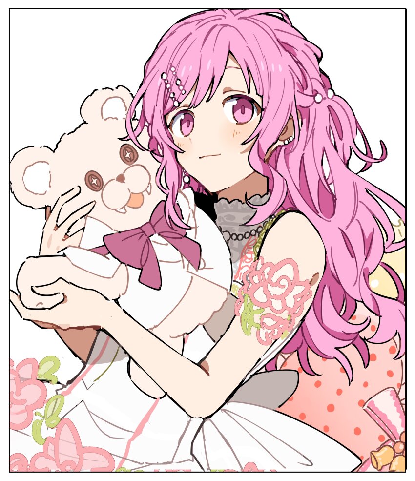 1girl, absurdres, bare_shoulders, blush, bow, detached_sleeves, dress, earrings, flower, hair_ornament, hairclip, highres, holding, holding_stuffed_toy, hoshi-toge, jewelry, lace, lace_sleeves, looking_at_viewer, necklace, ootori_emu, pearl_earrings, pearl_hair_ornament, pearl_necklace, project_sekai, simple_background, smile, solo, stuffed_animal, stuffed_toy, teddy_bear, tonari_ni_tatsu_yasashii_anata_e_(project_sekai), upper_body, white_background, white_bow, white_dress