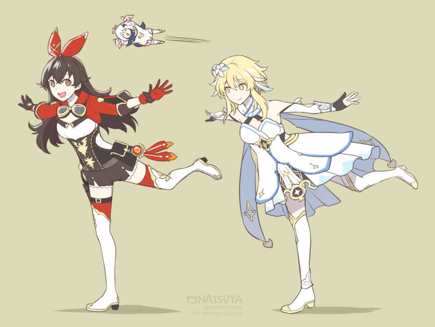 3girls, amber_(genshin_impact), artist_name, bare_shoulders, blonde_hair, boots, breasts, brown_background