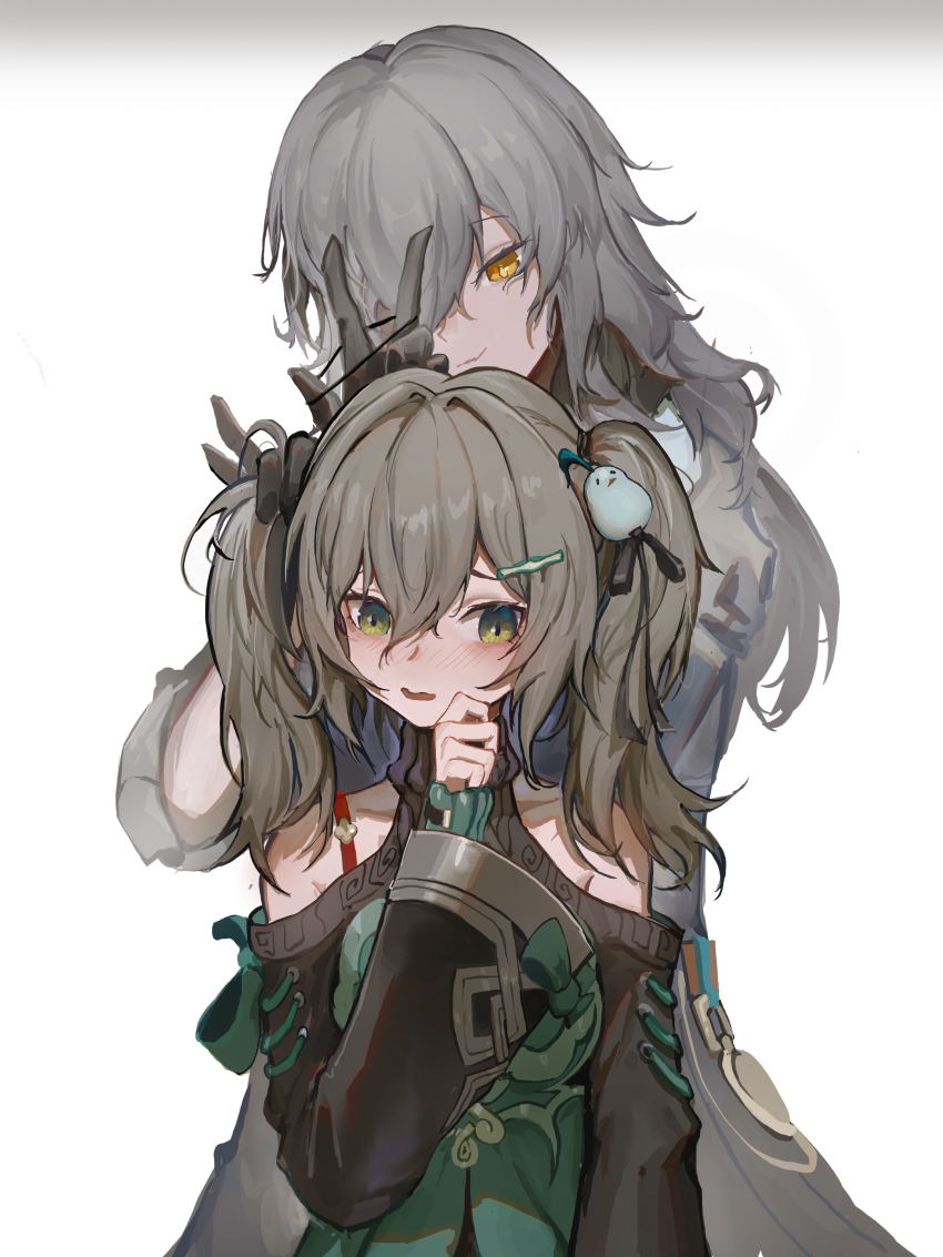 2girls, absurdres, alternate_hairstyle, bird_hair_ornament, blush, brown_hair, furioso, green_eyes