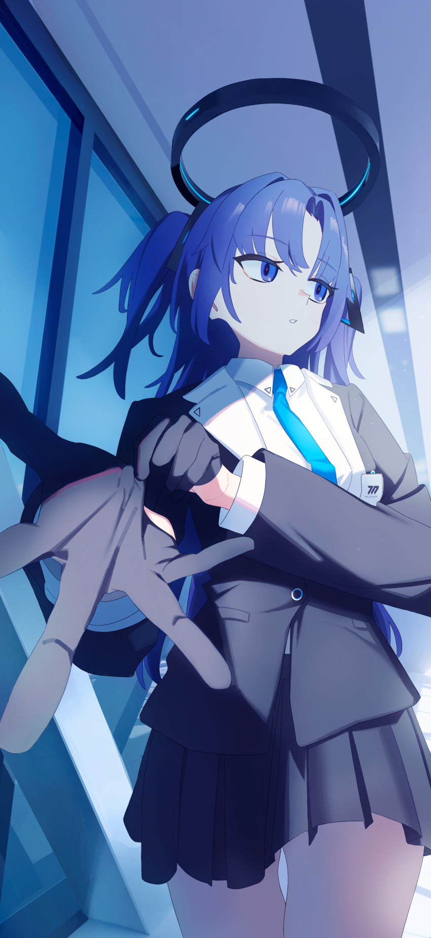 1girl, absurdres, adjusting_clothes, adjusting_gloves, black_gloves, black_jacket, blue_archive, blue_eyes