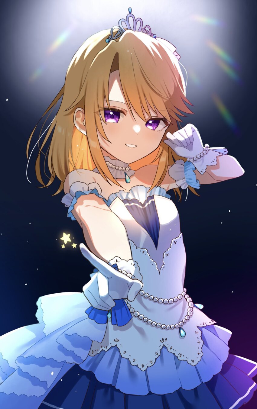 1girl, arm_scrunchie, backlighting, bare_shoulders, belly_chain, black_background, blush, bracelet, breasts, detached_collar, dot_nose, dress, gloves, hair_between_eyes, hand_up, highres, idolmaster, idolmaster_cinderella_girls, idolmaster_cinderella_girls_starlight_stage, idolmaster_cinderella_girls_u149, jewelry, layered_sleeves, long_hair, looking_at_viewer, mokano_n, necklace, open_mouth, orange_hair, pearl_bracelet, pearl_necklace, pointing, pointing_at_viewer, purple_eyes, rainbow_gradient, reaching, reaching_towards_viewer, scrunchie, sleeveless, sleeveless_dress, small_breasts, smile, solo, star_(symbol), tiara, white_dress, white_gloves, white_scrunchie, yuuki_haru