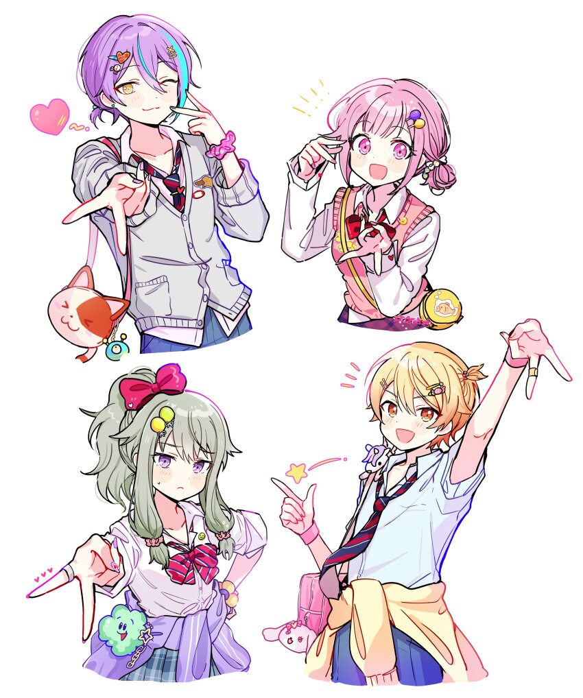 2boys, 2girls, absurdres, alternate_uniform, animal_bag, balloon_hair_ornament, blonde_hair, blue_skirt, blush, bow, bowtie, cardigan, cardigan_around_waist, cat_bag, clothes_around_waist, collared_shirt, diagonal-striped_bow, diagonal-striped_bowtie, diagonal-striped_clothes, diagonal-striped_necktie, double_bun, green_hair, grey_cardigan, gyaru, hair_bow, hair_bun, hair_ornament, hairclip, hibiku_twilight_parade_(project_sekai), high_ponytail, highres, jacket, jacket_around_waist, jewelry, kamishiro_rui, kamiyama_high_school_uniform_(project_sekai), kusanagi_nene, long_sleeves, low-tied_sidelocks, multicolored_hair, multiple_boys, multiple_girls, necktie, notice_lines, ootori_emu, open_mouth, pink_bow, pink_eyes, pink_sweater_vest, pjmiyo, plaid_clothes, plaid_skirt, pleated_skirt, ponytail, project_sekai, purple_eyes, purple_hair, purple_jacket, ring, school_uniform, scrunchie, shirt, short_sleeves, sidelocks, simple_background, skirt, smile, smile_of_dreamer_(project_sekai), star_(symbol), streaked_hair, striped_bow, striped_bowtie, striped_clothes, stuffed_bunny_(project_sekai), sweater_vest, tenma-sanchi_no_hinamatsuri_(project_sekai), tenma_tsukasa, upper_body, v, white_background, white_shirt, wonderlands_x_showtime_(project_sekai), wrist_scrunchie, yellow_cardigan, yellow_eyes