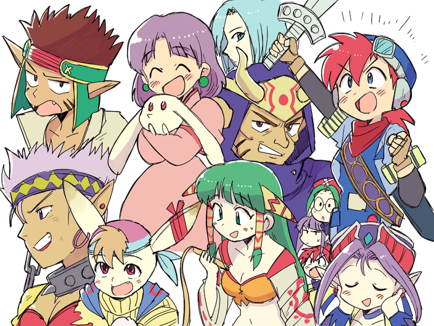 4boys, 6+girls, blue_eyes, breasts, closed_mouth, collarbone, dark-skinned_female, dark_skin