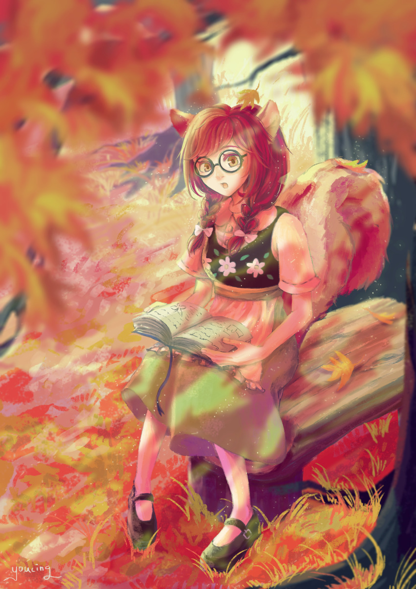 1girl, :o, absurdres, animal_crossing, animal_ears, artist_name, autumn_leaves, black_footwear