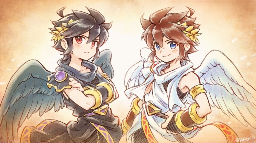 2boys, angel, angel_wings, armband, armlet, black_hair, blue_eyes, brown_eyes