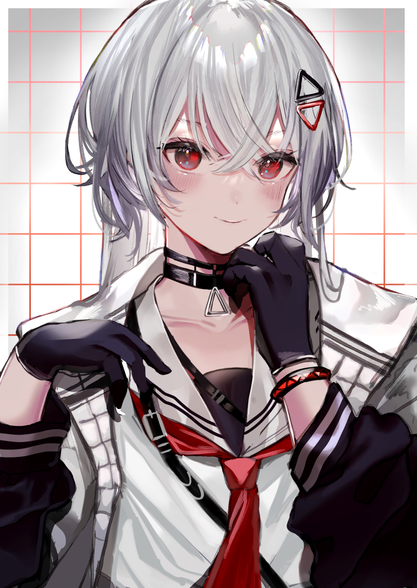 1girl, absurdres, black_choker, black_gloves, black_jacket, blush, bracelet, choker